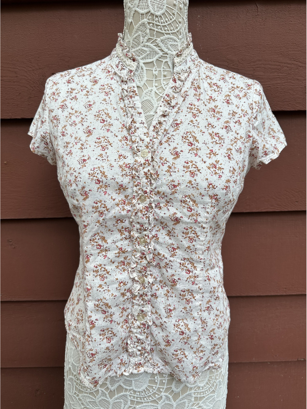DCC Petite Floral Ruffle Collar Blouse Cream Brown Cotton Feminine